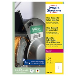 Avery Zweckform etikety 210mm x 297mm, A4, matné, bílé, 1 etiketa, ultra odolné, baleno po 40 ks, L7917-40, pro laserové tiskárny